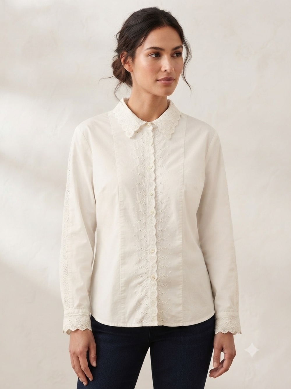 WHITE STAG Embroidered Lace Button-Down Blouse L 23” p2p Ivory
